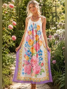 ❤️🔥 Aratta L Blossom Dress Floral Maxi in White Pink & Yellow Blooms A-44